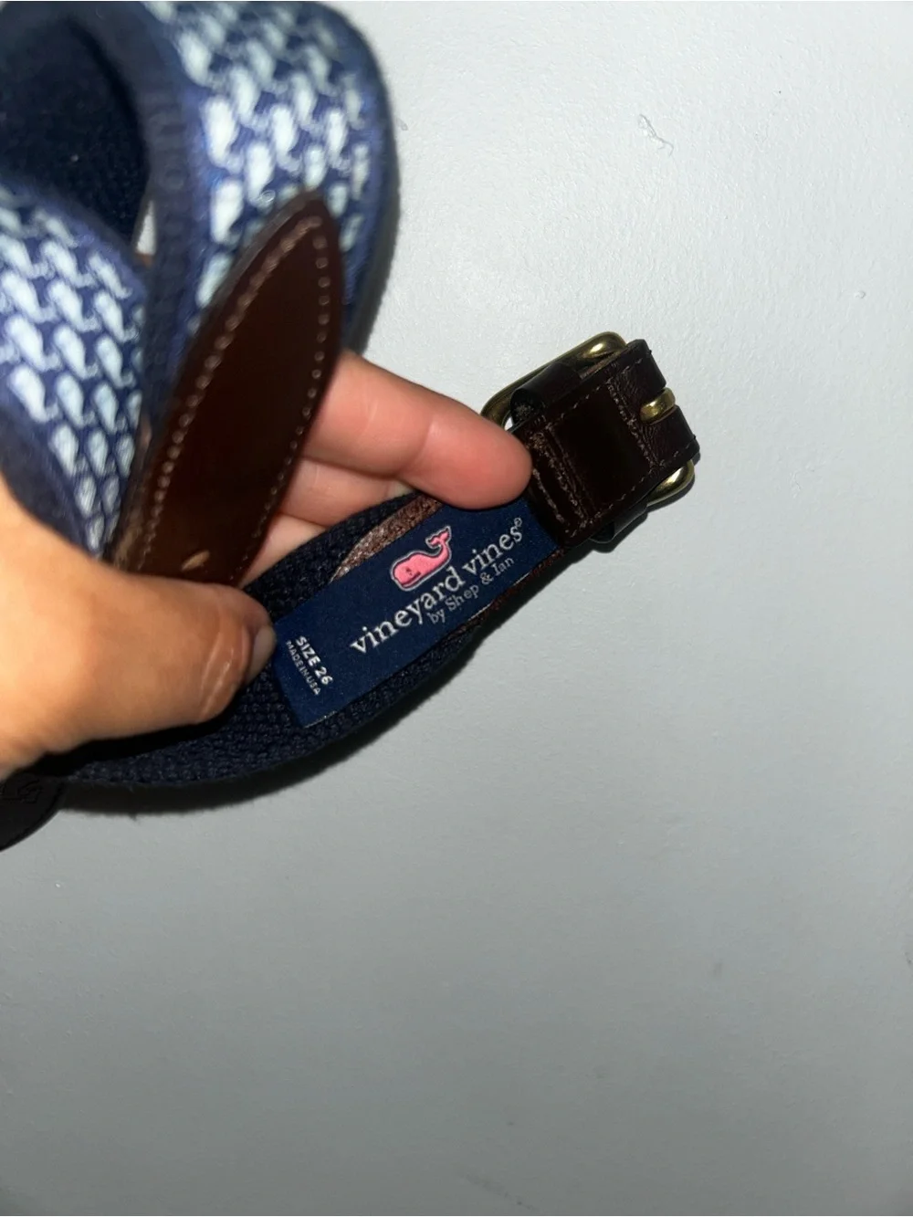 Vineyard Vines Navy & White Whale Woven Kids Belt with Brown Leather